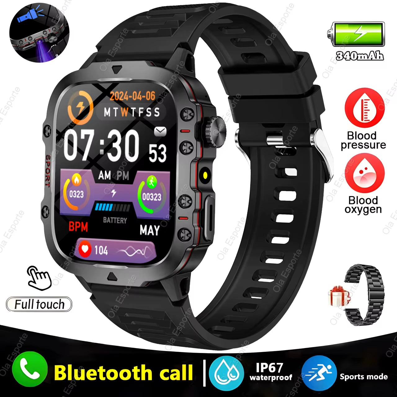 Men's Smartwatch with Flashlight, Bluetooth Calling, Fitness Tracking, IP68 Waterproof, Compatible with Android and iOS - 2025 Model