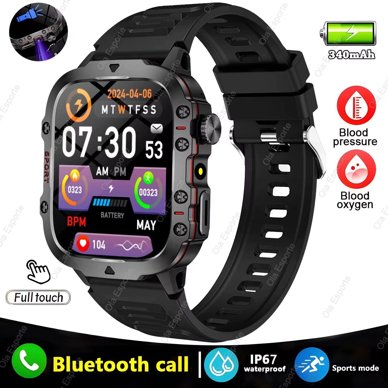 Men's Smartwatch with Flashlight, Bluetooth Calling, Fitness Tracking, IP68 Waterproof, Compatible with Android and iOS - 2025 Model