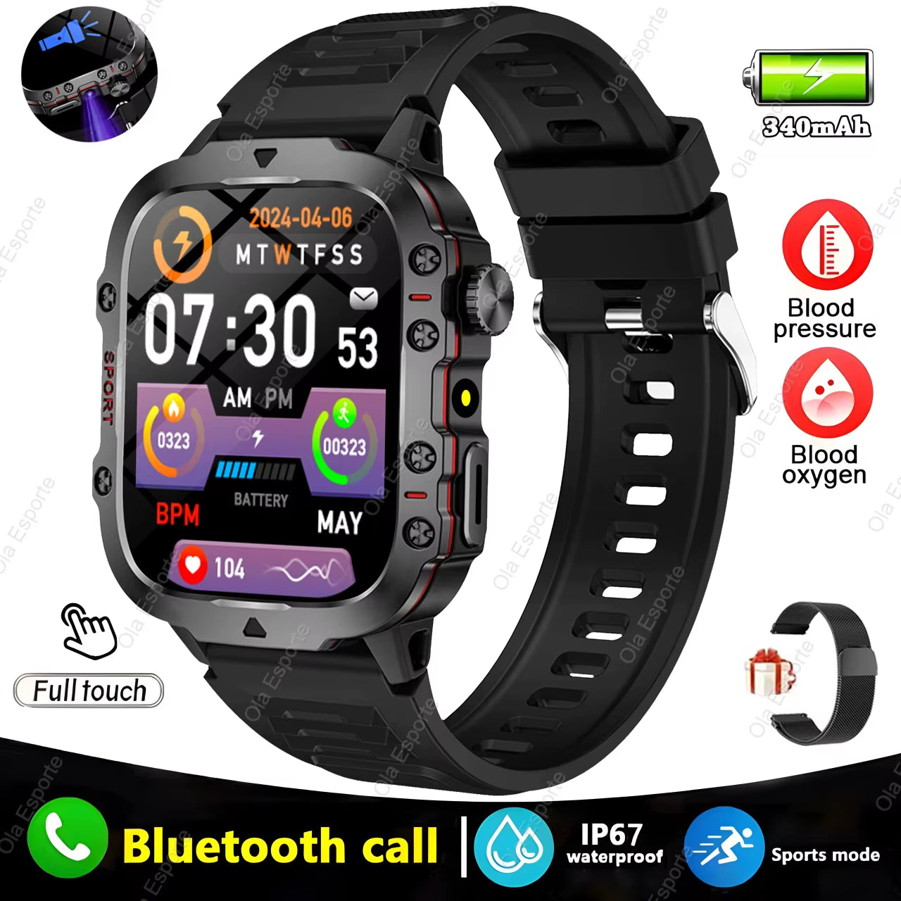 Men's Smartwatch with Flashlight, Bluetooth Calling, Fitness Tracking, IP68 Waterproof, Compatible with Android and iOS - 2025 Model