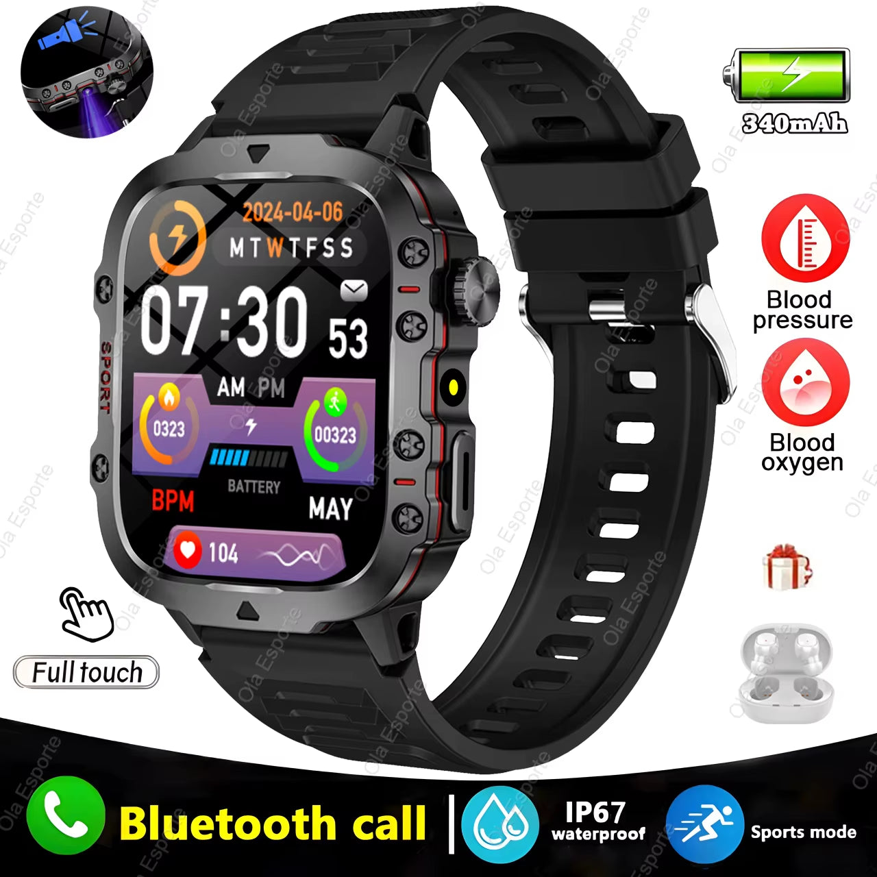 Men's Smartwatch with Flashlight, Bluetooth Calling, Fitness Tracking, IP68 Waterproof, Compatible with Android and iOS - 2025 Model