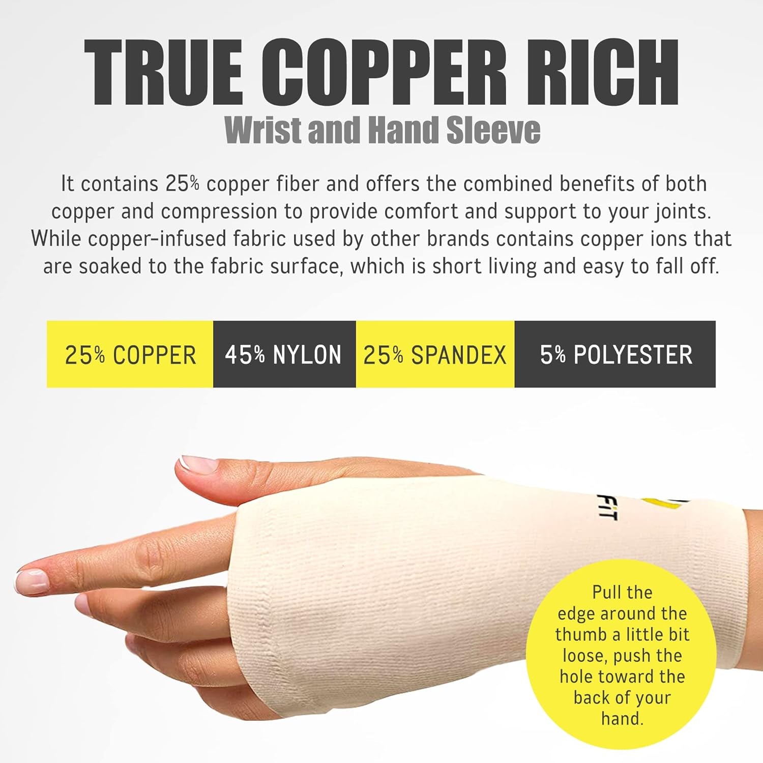 Copper Wrist Compression Sleeve, Hand Brace Wrist Support for Carpal Tunnel, Wrist Brace for Tendonitis, Breathable Copper Compression Sleeve, White/Skin in Medium, Pack of 1